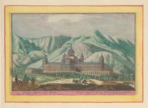 Bakfra av Escorial Selvet Escurial; å bli sett bakfra, mot fjellene (tittel på objekt) Theatrum Hispaniae (...) (serietittel) av Pieter van den Berge