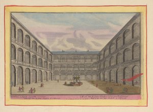 Utsikt over gårdsplassen til et av klostrene i Escorial Et av de syv klostrene i den rapporterte Escurial (tittel på objekt) Theatrum Hispaniae (...) (serietittel) av Pieter van den Berge