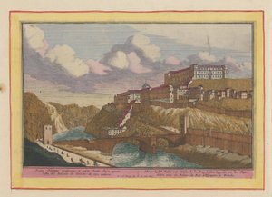 Utsikt over Alcazar de Toledo Det kongelige palasset i Toledo; ved broen for å bli sett, liggende over Tajo (tittel på objekt) Theatrum Hispaniae (...) (serietittel) av Pieter van den Berge
