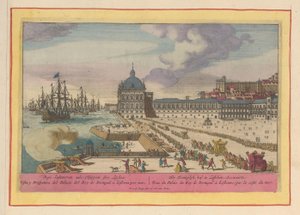 Utsikt over det kongelige palasset i Lisboa og forgården med folk Det kongelige hoff i Lisboa; Zeewaartz (tittel på objekt) Theatrum Hispaniae (...) (serietittel) av Pieter van den Berge