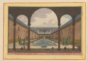 Retten i Alhambra i Granada The Court of Delight of the Moorish Kings, i slottet Alhambre, inne i Granade (tittel på objekt) Theatrum Hispaniae (...) (serietittel) av Pieter van den Berge