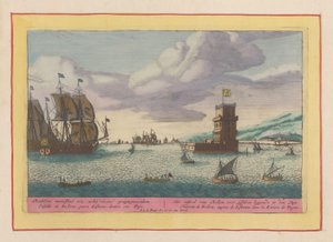 Tower of Belém ligger i elven Tejo Slottet Bellem, som ligger foran Lisboa i Tajo (tittel på objekt) Theatrum Hispaniae (...) (serietittel) av Pieter van den Berge