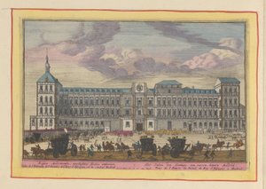 Forfra av det kongelige palasset i Madrid Kongens palass, forfra, inne i Madrid (tittel på objekt) Theatrum Hispaniae (...) (serietittel) av Pieter van den Berge