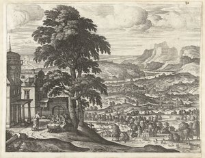 Abraham mater de tre englene Landskap med historien om Abraham (serietittel) av Pieter van der Borcht (I)