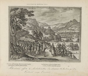 Abraham møtte Melkisedek En forening av fredelige sinn (tittel på objekt) De hellige emblemene og hovedhistoriene til begge testamentene (Oude Testamentet) (serietittel) Bilder og figurer av bøker (serietittel) av Pieter van der Borcht (I)