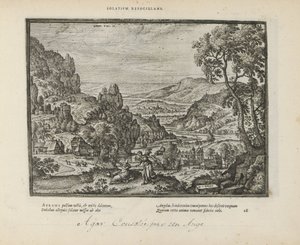 Landschap met Hagar en de engel Trøste ilden (tittel på objekt) De hellige emblemene og hovedhistoriene til begge testamentene (Oude Testamentet) (serietittel) Bilder og figurer av bøker (serietittel) av Pieter van der Borcht (I)