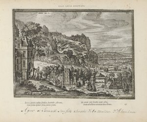 Landschap met de verdrijving van Hagar en Ismaël av Abraham Adopterte sønner av lucus (tittel på objekt) De hellige emblemene og hovedhistoriene til begge testamentene (Oude Testamentet) (serietittel) Bilder og figurer av bøker (serietittel) av Pieter van der Borcht (I)