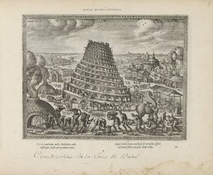Toren van Babel Elusa mundi potenia (tittel på objekt) De hellige emblemene og hovedhistoriene til begge testamentene (Oude Testamentet) (serietittel) Bilder og figurer av bøker (serietittel) av Pieter van der Borcht (I)