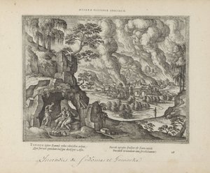 Vernietiging van Sodom en Gomorra / Lot en zijn datters Eternal monument of justice (tittel på objekt) De hellige emblemene og hovedhistoriene til begge testamentene (Oude Testamentet) (serietittel) Bilder og figurer av bøker (serietittel) av Pieter van der Borcht (I)