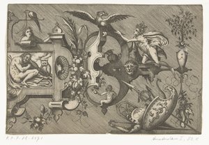 Høyre halvdel av en stor kartusj som viser natten Compertimenta pictoriis flosculis manubiisque... (serietittel) av Pieter van der Heyden