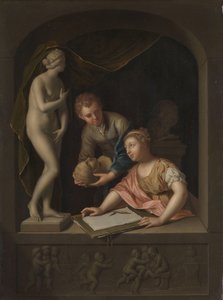 En jentetegning og en gutt nær en statue av Venus En statue av Venus, med en jentetegning og en gutt