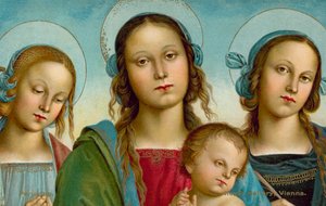 Jomfru og barn mellom de hellige Rosa og Catherine (chromolitho) av Pietro (after) Perugino