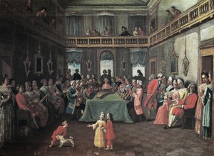 Konsert i et privat hus - Privat konsert i et hus. Maleri av skolen til Pietro Longhi av Pietro (school of) Longhi