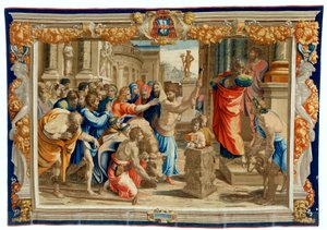 1600-talls billedvev som viser Lystra-offeret av Pietro 1579 1669 Fevère