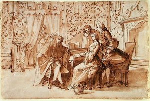 A Music Party (penn og brun vask over svart kritt på papir) av Pietro Antonio Novelli