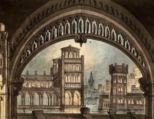 Scenografi for 'La Straniera', av Vincenzo Bellini, ved Carignano-teatret, Torino (penn og blekk og akvarell på papir) av Pietro Bertoja