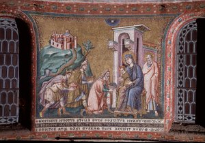 Tilbedelse av den mosaiske magi av apsis til Pietro Cavallini (aktiv rundt 1273-1330) sent på 1200-tallet (tilbedelse av magi, mosaikk fra apsis av Pietro Cavallini, slutten av 1200-tallet) Roma, kirken Santa Maria i Trastevere Italia