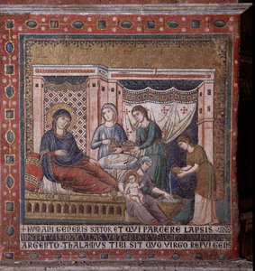 Fødselen til Mary Mosaic fra apsis av Pietro Cavallini (aktiv rundt 1273-1330) sent på 1200-tallet (Birth of Mary, mosaikk fra apsis av Pietro Cavallini, slutten av 1200-tallet) Roma, kirken Santa Maria in Trastevere Italia