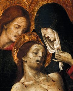 Nedstigning fra korset (Deposizione), detalj av Johannes, Jomfru Maria og Kristus, tidlig på 1500-tallet (tempera på panel) av Pietro Cavaro