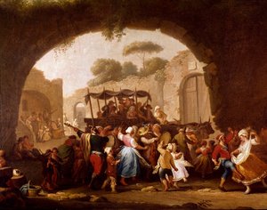 Dansescene og populær fest i Naples Detail. Tarantella-dansere (tarantella, tarantella). Maleri av Pietro Fabris (aktiv mellom 1763 og 1776) Napoli fra 1700-tallet, Museo Nazionale di San Martino