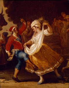 Dansescene og populær fest i Napoli Detalj av tarantella (tarantella, tarantella). Maleri av Pietro Fabris (aktiv mellom 1763 og 1776) Napoli fra 1700-tallet, Museo Nazionale di San Martino