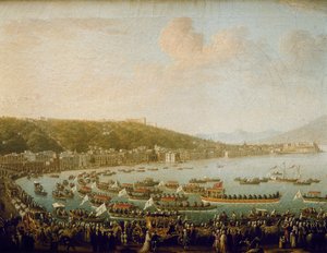 Avgangen til Karl III av Spania (Carlos III) (1716-1788) fra Napolibukta (Italia). Maleri av Pietro Fabris (1756-1779), olje på lerret av Pietro Fabris