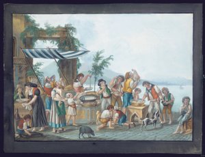 Spaghettispisere i Napolibukten, med Vesuv i bakgrunnen (gouache på papir) av Pietro Fabris