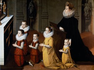 Portrett av Chiara Albini Petrozzani med barna deres i bønn (olje på lerret) av Pietro Facchetti