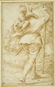 St. Christopher ferger Kristusbarnet (penn og brunt blekk på hvitt papir)