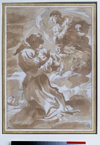 Jomfruen som betror Jesusbarnet til den hellige Francois av Assisi Tegning av Pietro Faccini (1560-1602) Søn fra 1500-tallet. 0,23 x 0,33 m Paris. Museet Louvre
