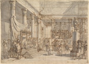 Timotheus spiller lyre foran Alexander og Thaïs i palasshallen i Persepolis av Pietro Fancelli