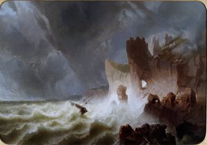 Lido solitario Marine landskap, med skip fanget i stormen, og styrtet på klippene. Maleri av Pietro Giuria (1800-tallet) Dim. 140x200 cm Genes Nervi, Galleria d