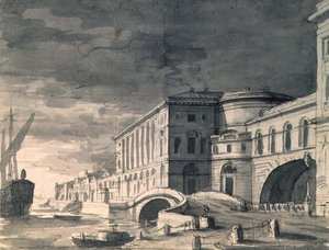Utsikt over Neva Embankment med Hermitage Theatre i sentrum, etter 1802 (penn, pensel, blekk og blyant)