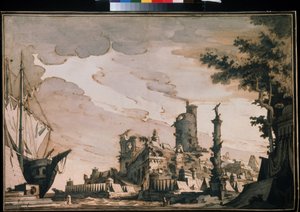 ""Utsikt over en havn"" Teaterinnredning. Akvarell av Pietro di Gottardo Gonzaga (1751-1831) 1818. Akvarell og blekk på papir. Moskva, Pushkin-museet