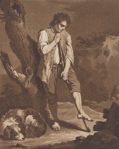 The Shepherds Rest, en ung mann som hviler på en pinne mens hunden hans ligger ved føttene hans..., ca. 1757-1804. av Pietro Jacopo Palmieri