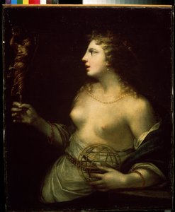 ""Urania"" (Urania) representasjon av den beskyttende musen for astronomi og astrologi, som holder en hånd på en kule. Maleri av Pietro Liberi (1614-1687) Mikhail Kroshitsky kunstmuseum fra 1600-tallet, Sevastopol (Sevastopol) Ukraina