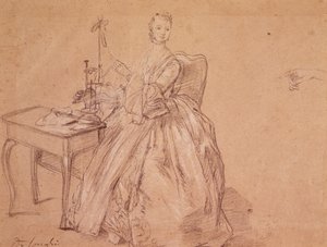 En kvinne som spinner (fargestift og hvitt kritt på papir) av Pietro Longhi