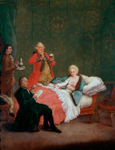 Morgensjokolade ung kvinne av adelen ligger i sengen hennes servert av tre menn. Maleri av Pietro Longhi (1702-1785) 1775-1780. Dim. 60x47 cm Ca 