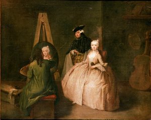 Malerens atelier Maleren foran staffeliet hans portretterer en ung kvinne. Maleri av Pietro Longhi (1702-1785) 1740-1745 Søn. 44x53 cm Venezia, Ca 