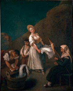 Unge kvinner som vasker tøyet i søppelbøttene, en eldre kvinne på de rette linjene med ull. Maleri av Pietro Longhi (1702-1785) 1740 ca. Sol. 61x50 cm Venezia, Ca 