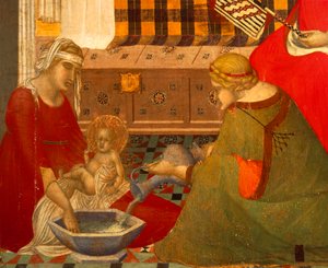 Jomfruens fødsel, detalj fra Triptych of Virgins fødsel av Pietro Lorenzetti (ca. 1280-1348), tempera på tre av Pietro Lorenzetti