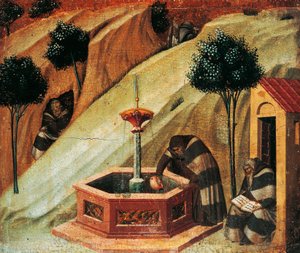 Karmelitt henter vann fra kilden til profeten Elijah, detalj fra tårnet til Carmine-altertavlen av Pietro Lorenzetti (ca. 1280-1348), tempera og gull på trepanel av Pietro Lorenzetti