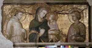Jomfruen og barnet mellom Saint John og Saint Francois Fresco av Pietro Lorenzetti (1280-1348) i Assisi (Assisi), Nedre basilika, Orsini-kapellet.