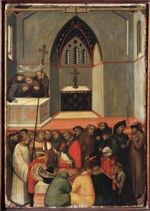 Den oppgravde kroppen til St. Humility er uberørt (polytych of the life of Saint Humility) - Detrempe på tre 1300-tallet av Pietro Lorenzetti