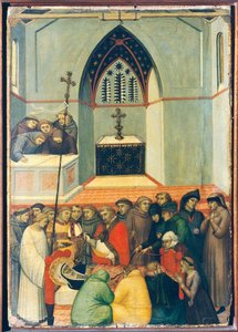 Den oppgravde kroppen til den velsignede er funnet intakt og frisk, flis på altertavle av den velsignede ydmykhet, av Pietro Lorenzetti (ca 1280-1348), tempera og gull på trepanel. av Pietro Lorenzetti