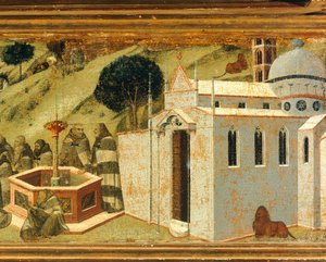 De første karmelitt-ermittene ved Elias vår, detalj fra predella av altertavle for Carmine, Pietro Lorenzetti (ca 1280-1348), tempera og gull på tre, Pinacoteca Nazionale, Siena av Pietro Lorenzetti