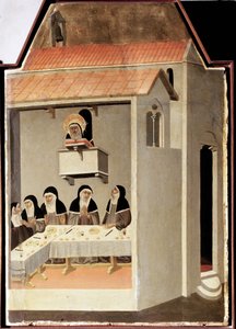 Den analfabeter helgen leser mirakuløst (Polyptyk av livet til Saint Ydmykhet) - Detrempe på tre 1300-tallet av Pietro Lorenzetti