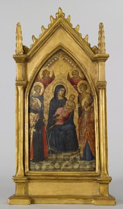 Jomfru og barn med de hellige Augustin, Nicholas, Catherine, Lucy og engler, ca. 1340-45 (tempera og bladgull på panel)