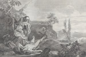 Adam og Eva til venstre, som et eldre ektepar, sørgende over liket av Abel som ligger i..., 1743-63.