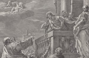 Kristus på en balkong omgitt av vakter, Pilatus står til høyre og gestikulerer..., ca. 1730-39.